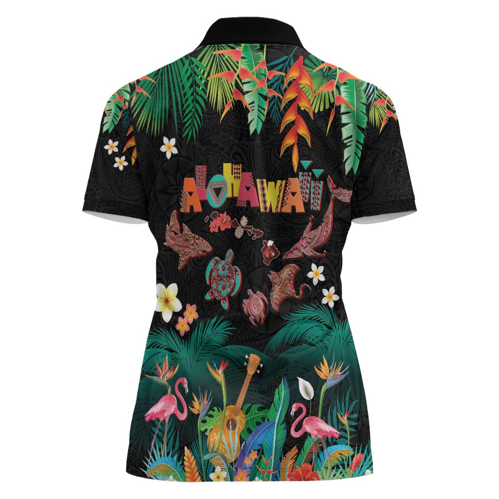 Hawaiian Alohawaii Women Polo Shirt Tribal Sea Animals Tattoo and Tropical Plants - Polynesian Pride