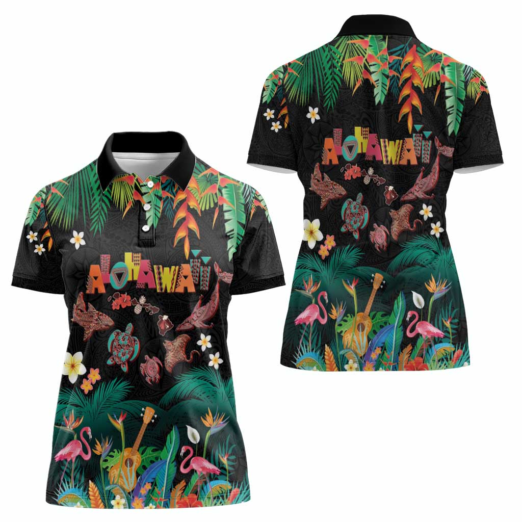 Hawaiian Alohawaii Women Polo Shirt Tribal Sea Animals Tattoo and Tropical Plants - Polynesian Pride