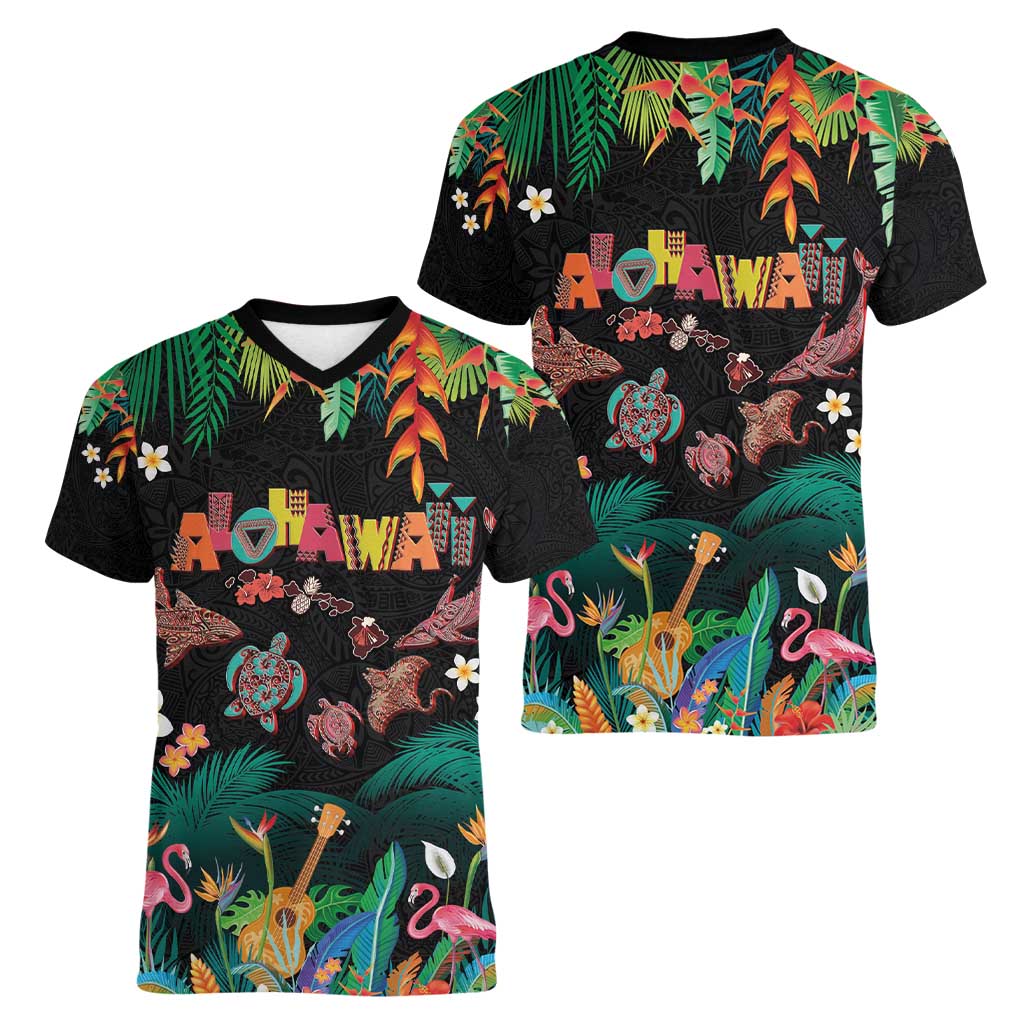 Hawaiian Alohawaii Women V-Neck T-Shirt Tribal Sea Animals Tattoo and Tropical Plants - Polynesian Pride