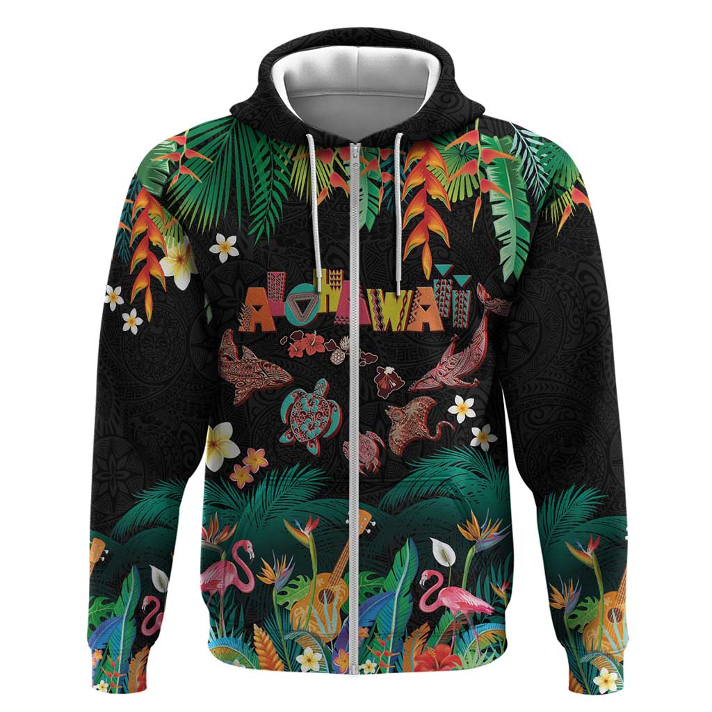 Hawaiian Alohawaii Zip Hoodie Tribal Sea Animals Tattoo and Tropical Plants - Polynesian Pride