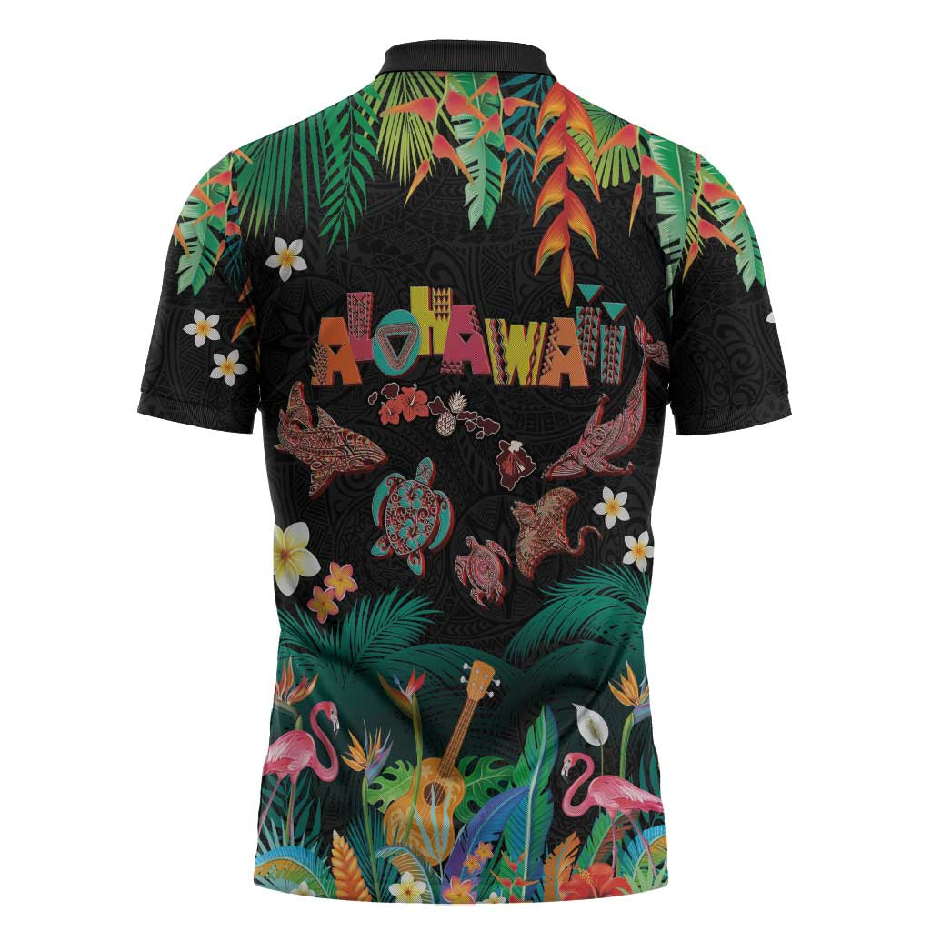 Hawaiian Alohawaii Zipper Polo Shirt Tribal Sea Animals Tattoo and Tropical Plants - Polynesian Pride