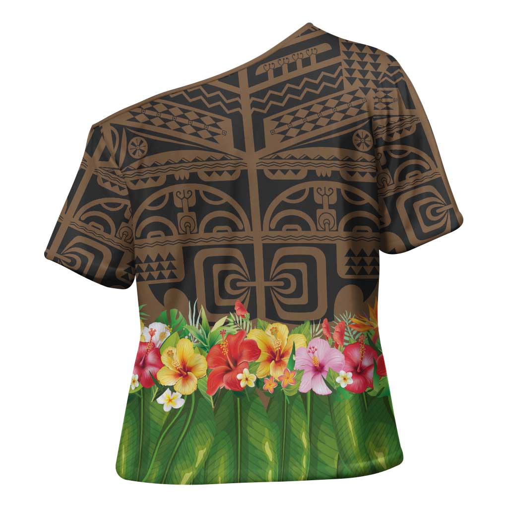 Hawaiian Hula Costume Cross Shoulder Shirt Tribal Tattoo and Tropical Plants Skirt - Polynesian Pride