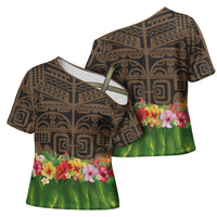 Hawaiian Hula Costume Cross Shoulder Shirt Tribal Tattoo and Tropical Plants Skirt - Polynesian Pride