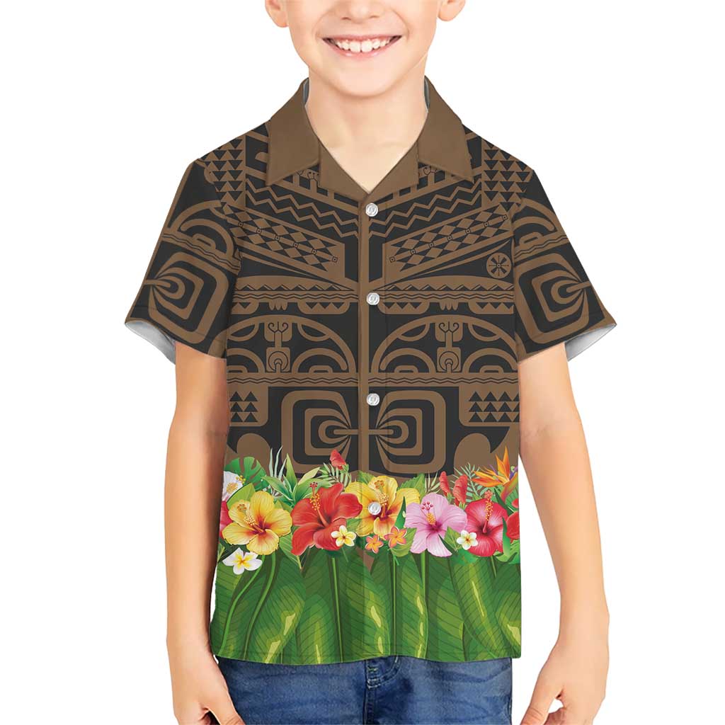 Hawaiian Hula Costume Kid Hawaiian Shirt Tribal Tattoo and Tropical Plants Skirt LT03 Kid Brown - Polynesian Pride