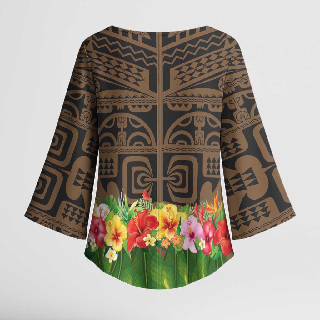 Hawaiian Hula Costume Kimono Sleeve Blouse Tribal Tattoo and Tropical Plants Skirt - Polynesian Pride