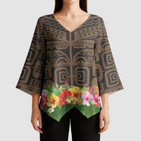 Hawaiian Hula Costume Kimono Sleeve Blouse Tribal Tattoo and Tropical Plants Skirt - Polynesian Pride