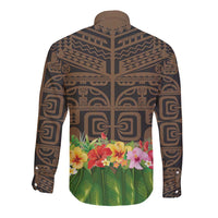 Hawaiian Hula Costume Long Sleeve Button Shirt Tribal Tattoo and Tropical Plants Skirt - Polynesian Pride