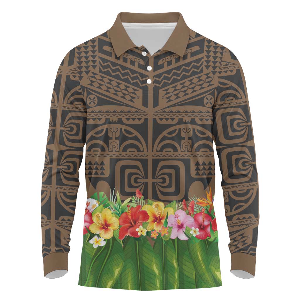 Hawaiian Hula Costume Long Sleeve Polo Shirt Tribal Tattoo and Tropical Plants Skirt - Polynesian Pride