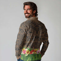 Hawaiian Hula Costume Long Sleeve Polo Shirt Tribal Tattoo and Tropical Plants Skirt - Polynesian Pride