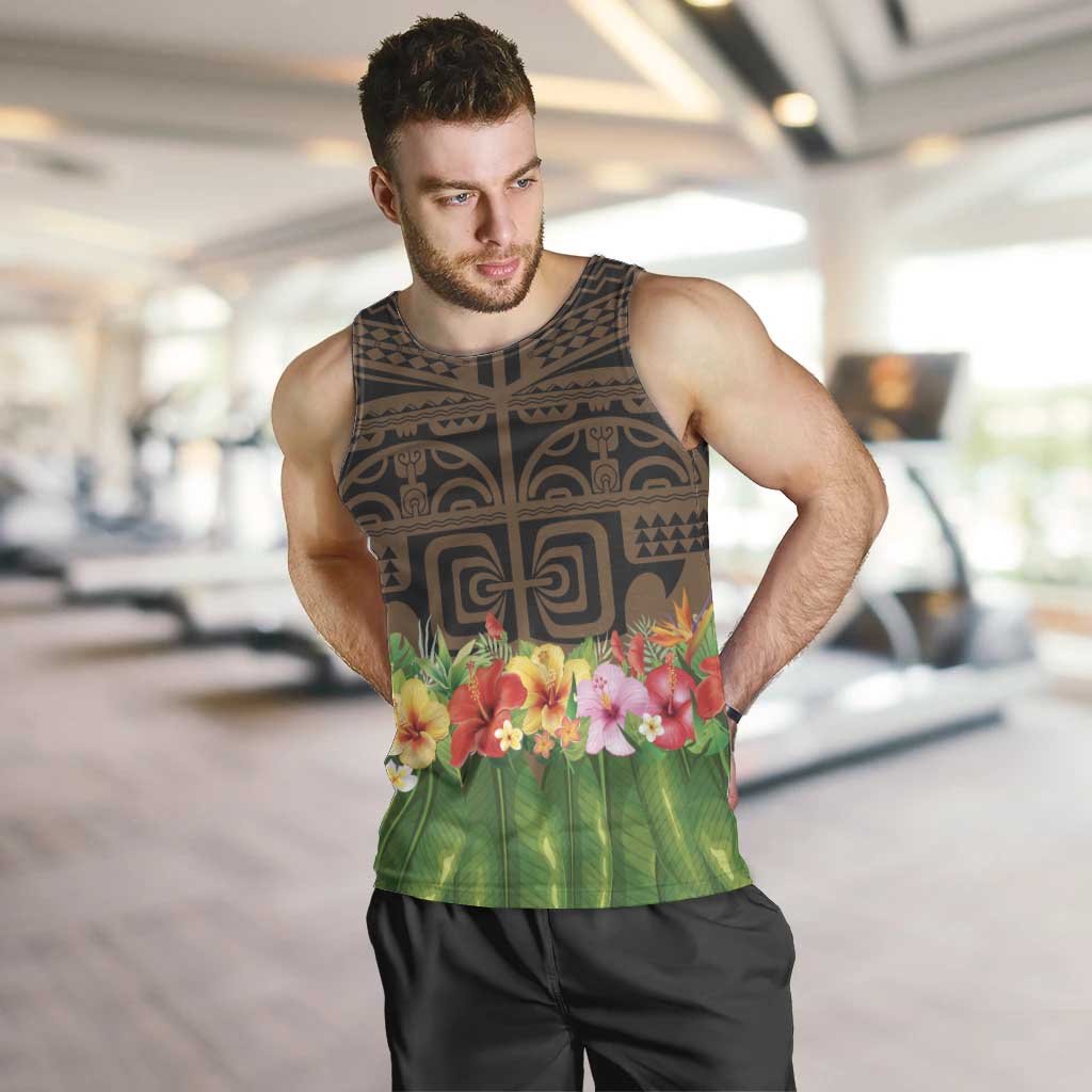 Hawaiian Hula Costume Men Tank Top Tribal Tattoo and Tropical Plants Skirt - Polynesian Pride