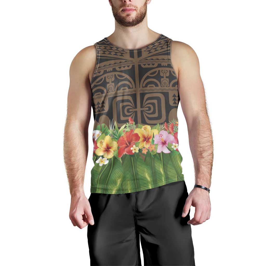 Hawaiian Hula Costume Men Tank Top Tribal Tattoo and Tropical Plants Skirt - Polynesian Pride