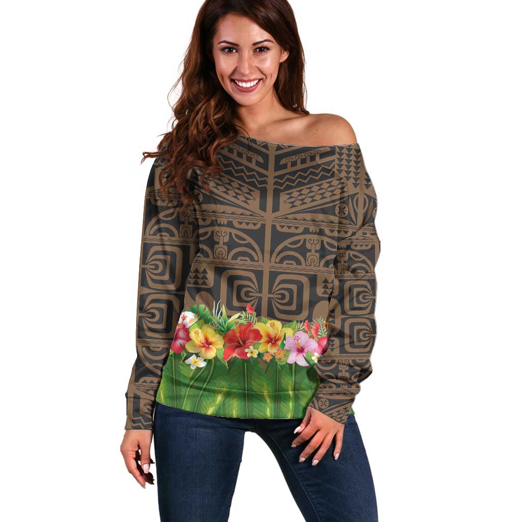 Hawaiian Hula Costume Off Shoulder Sweater Tribal Tattoo and Tropical Plants Skirt - Polynesian Pride