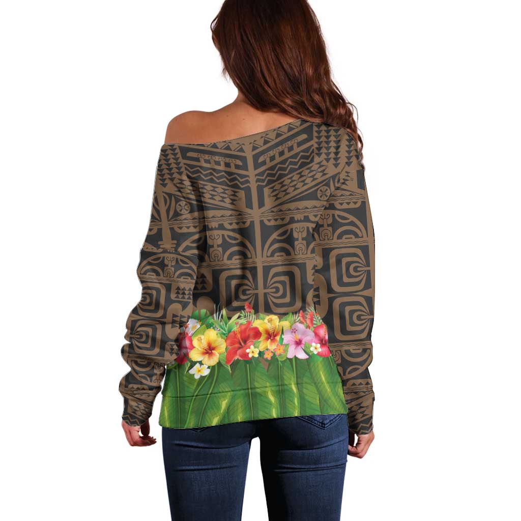 Hawaiian Hula Costume Off Shoulder Sweater Tribal Tattoo and Tropical Plants Skirt - Polynesian Pride