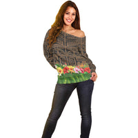 Hawaiian Hula Costume Off Shoulder Sweater Tribal Tattoo and Tropical Plants Skirt - Polynesian Pride