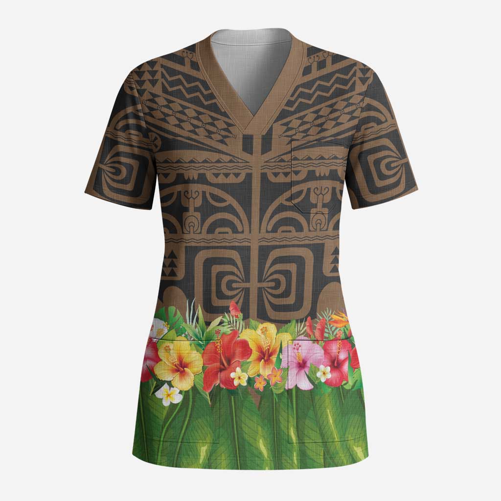 Hawaiian Hula Costume Scrub Top Tribal Tattoo and Tropical Plants Skirt - Polynesian Pride