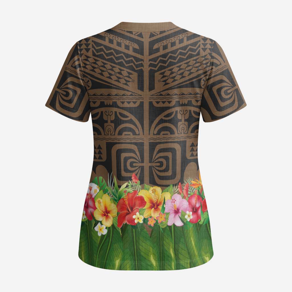 Hawaiian Hula Costume Scrub Top Tribal Tattoo and Tropical Plants Skirt - Polynesian Pride