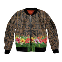 Hawaiian Hula Costume Sleeve Zip Bomber Jacket Tribal Tattoo and Tropical Plants Skirt - Polynesian Pride