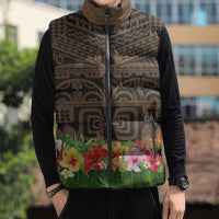 Hawaiian Hula Costume Sleeveless Puffer Jacket Tribal Tattoo and Tropical Plants Skirt - Polynesian Pride