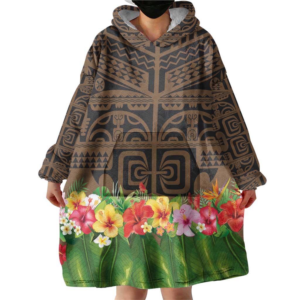 Hawaiian Hula Costume Wearable Blanket Hoodie Tribal Tattoo and Tropical Plants Skirt - Polynesian Pride