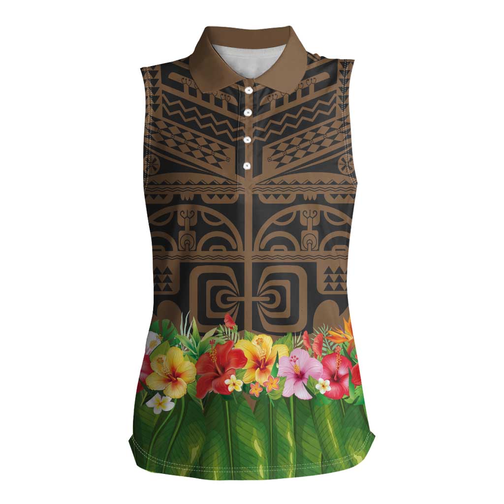 Hawaiian Hula Costume Women Sleeveless Polo Shirt Tribal Tattoo and Tropical Plants Skirt - Polynesian Pride