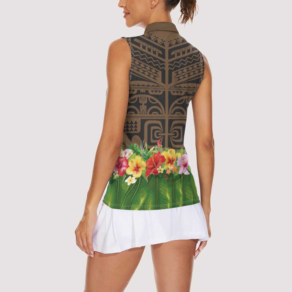 Hawaiian Hula Costume Women Sleeveless Polo Shirt Tribal Tattoo and Tropical Plants Skirt - Polynesian Pride