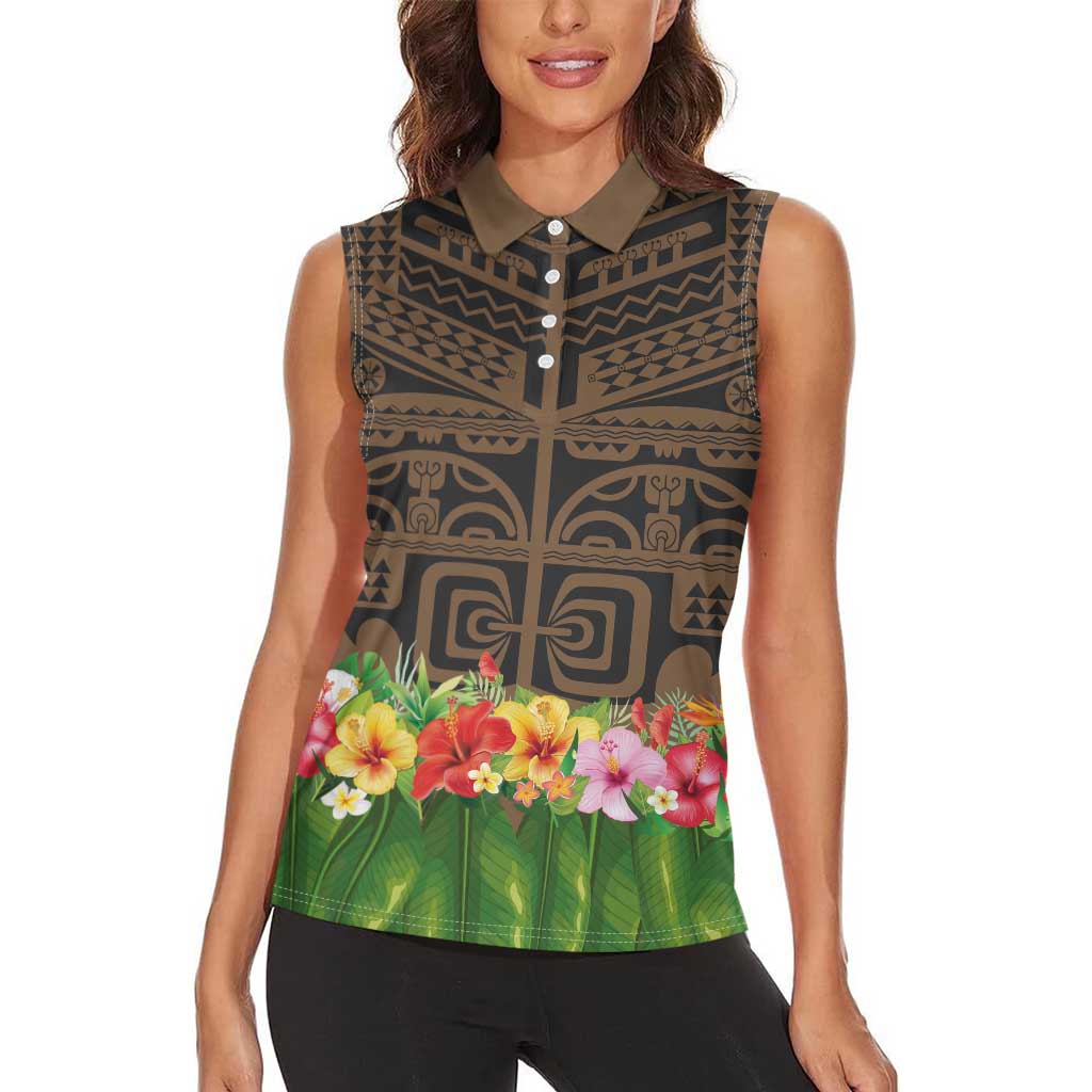 Hawaiian Hula Costume Women Sleeveless Polo Shirt Tribal Tattoo and Tropical Plants Skirt - Polynesian Pride