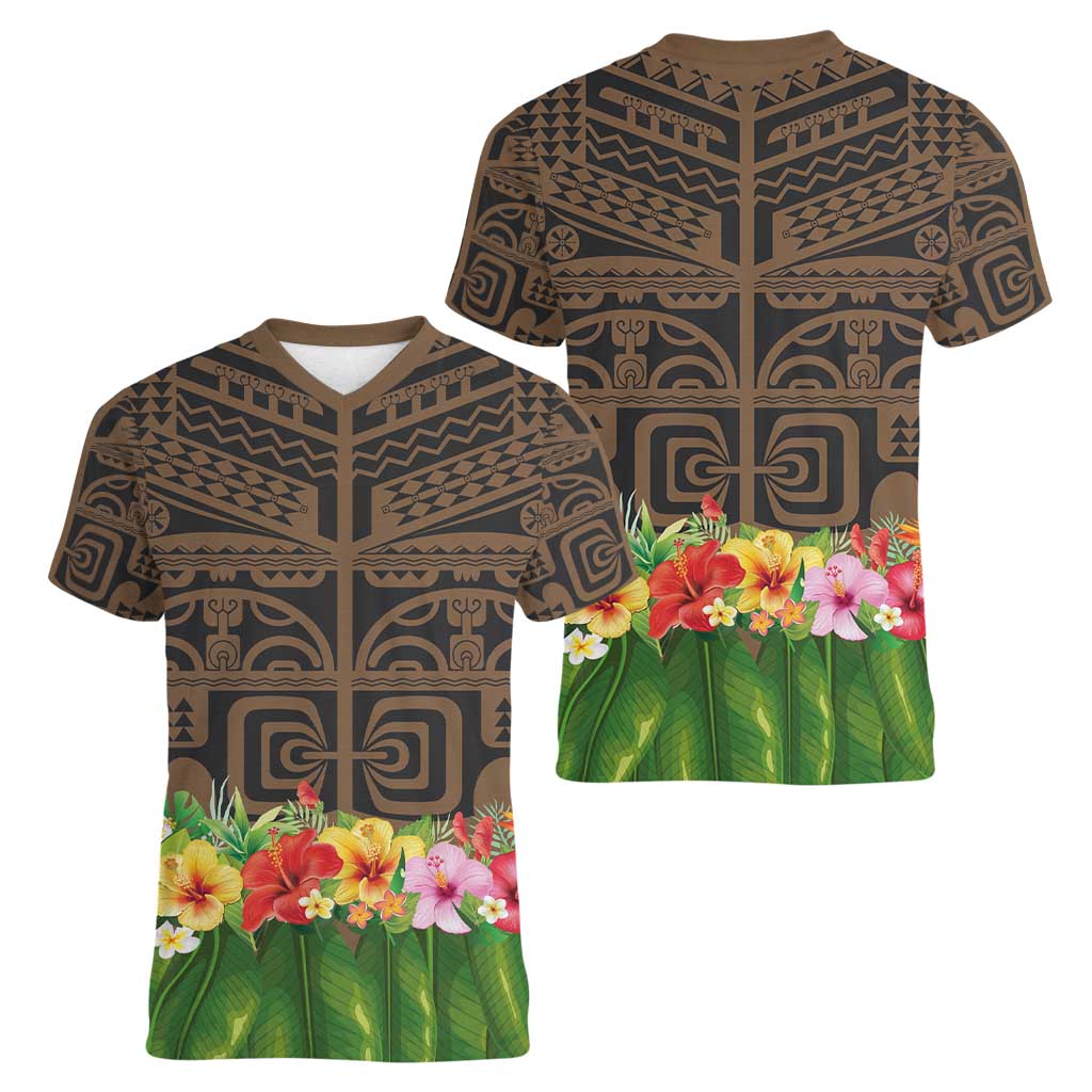 Hawaiian Hula Costume Women V-Neck T-Shirt Tribal Tattoo and Tropical Plants Skirt - Polynesian Pride