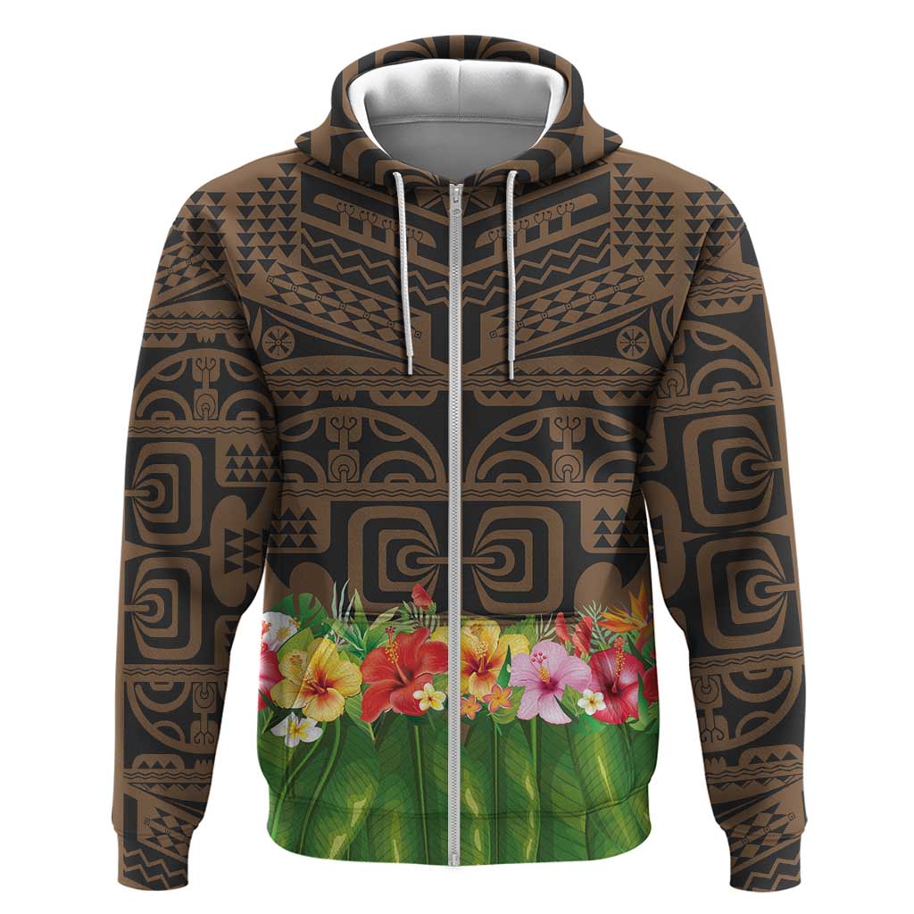 Hawaiian Hula Costume Zip Hoodie Tribal Tattoo and Tropical Plants Skirt - Polynesian Pride