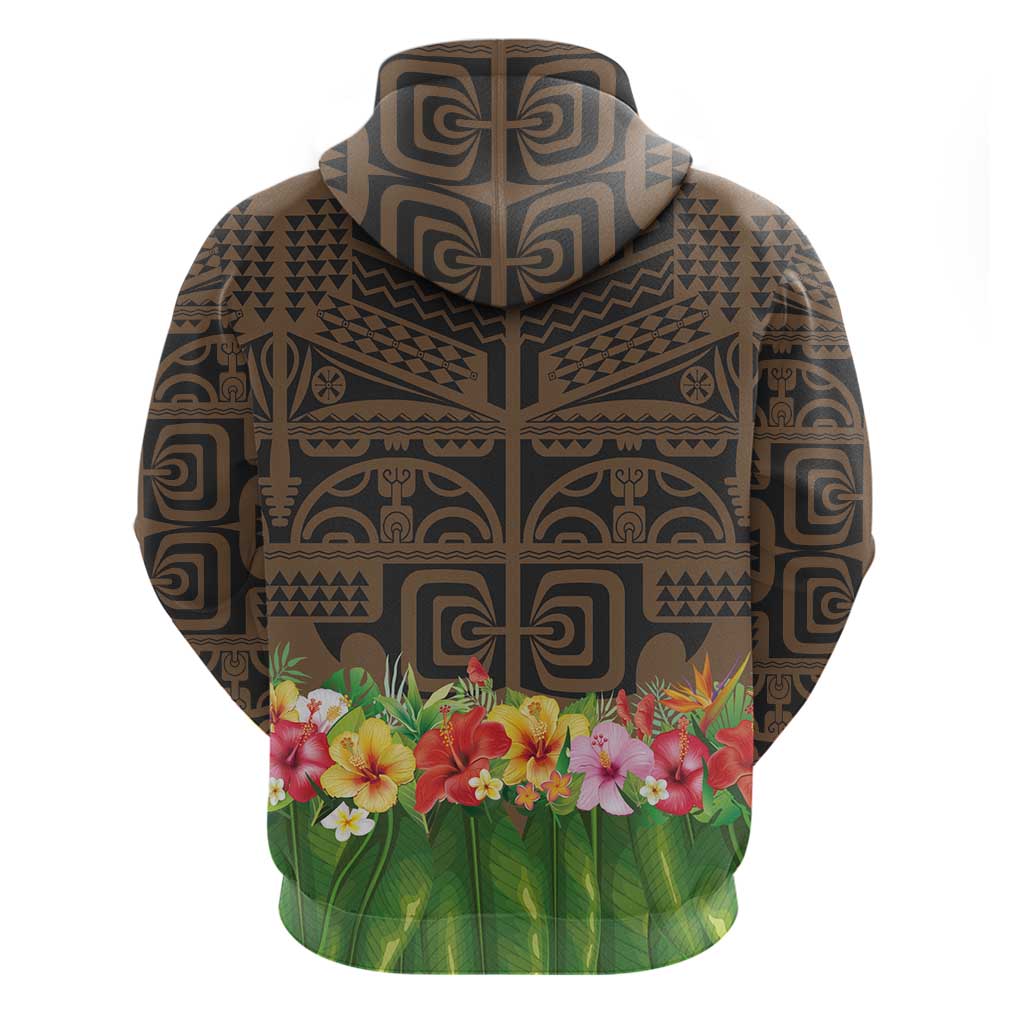 Hawaiian Hula Costume Zip Hoodie Tribal Tattoo and Tropical Plants Skirt - Polynesian Pride