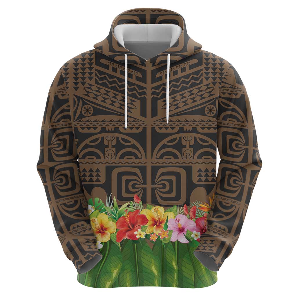 Hawaiian Hula Costume Zip Hoodie Tribal Tattoo and Tropical Plants Skirt - Polynesian Pride