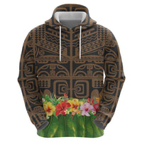 Hawaiian Hula Costume Zip Hoodie Tribal Tattoo and Tropical Plants Skirt - Polynesian Pride