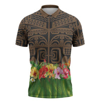 Hawaiian Hula Costume Zipper Polo Shirt Tribal Tattoo and Tropical Plants Skirt - Polynesian Pride