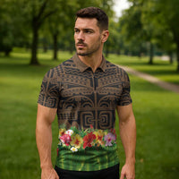 Hawaiian Hula Costume Zipper Polo Shirt Tribal Tattoo and Tropical Plants Skirt - Polynesian Pride