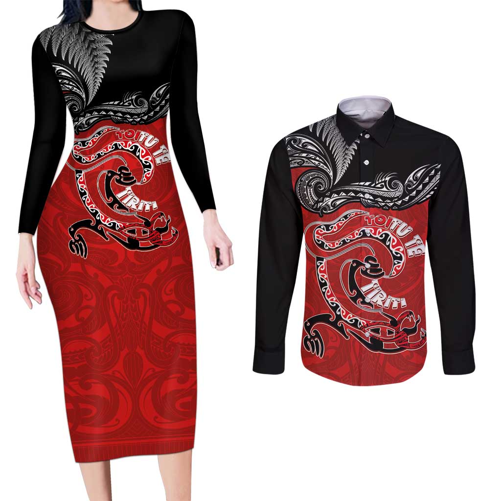 Personalised Aotearoa Toitu Te Tiriti Couples Matching Long Sleeve Bodycon Dress and Long Sleeve Button Shirt Taniwha Tribal Motifs