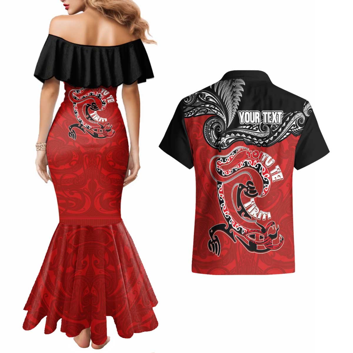 Personalised Aotearoa Toitu Te Tiriti Couples Matching Mermaid Dress and Hawaiian Shirt Taniwha Tribal Motifs LT03 - Polynesian Pride