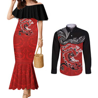 Personalised Aotearoa Toitu Te Tiriti Couples Matching Mermaid Dress and Long Sleeve Button Shirt Taniwha Tribal Motifs