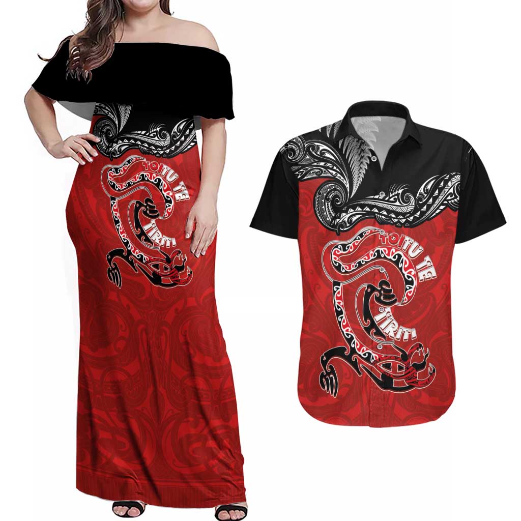 Personalised Aotearoa Toitu Te Tiriti Couples Matching Off Shoulder Maxi Dress and Hawaiian Shirt Taniwha Tribal Motifs