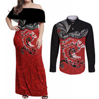 Personalised Aotearoa Toitu Te Tiriti Couples Matching Off Shoulder Maxi Dress and Long Sleeve Button Shirt Taniwha Tribal Motifs LT03 Multicolor - Polynesian Pride