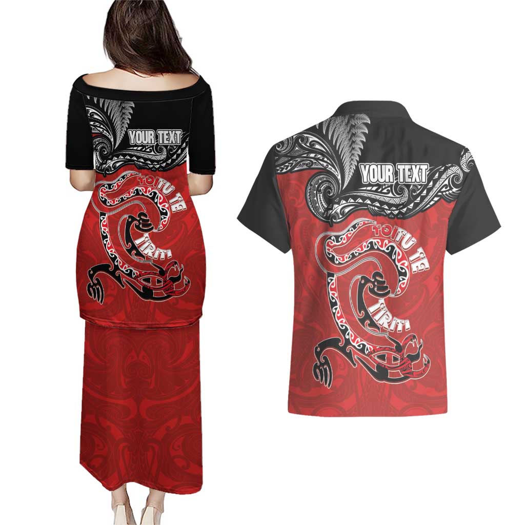Personalised Aotearoa Toitu Te Tiriti Couples Matching Puletasi and Hawaiian Shirt Taniwha Tribal Motifs