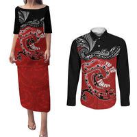 Personalised Aotearoa Toitu Te Tiriti Couples Matching Puletasi and Long Sleeve Button Shirt Taniwha Tribal Motifs LT03 Multicolor - Polynesian Pride