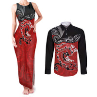 Personalised Aotearoa Toitu Te Tiriti Couples Matching Tank Maxi Dress and Long Sleeve Button Shirt Taniwha Tribal Motifs