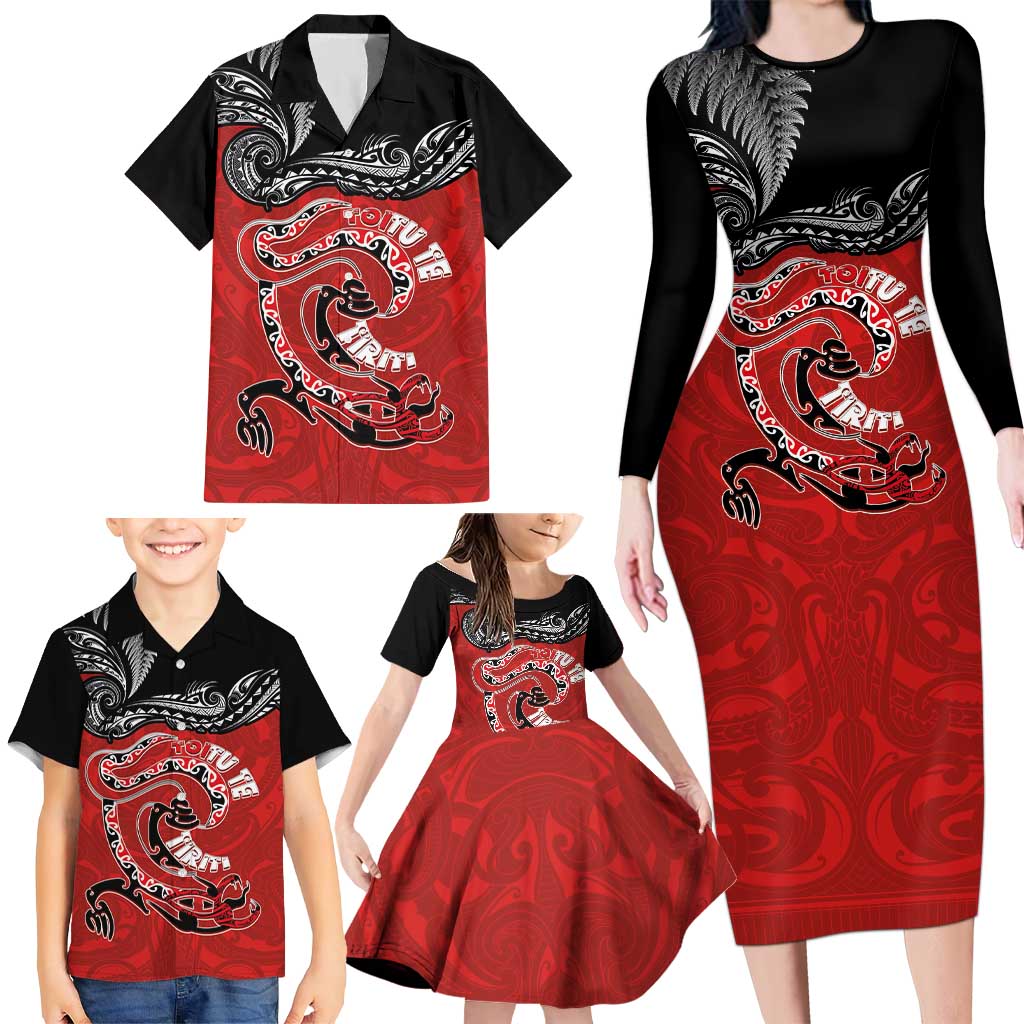 Personalised Aotearoa Toitu Te Tiriti Family Matching Long Sleeve Bodycon Dress and Hawaiian Shirt Taniwha Tribal Motifs LT03 - Polynesian Pride
