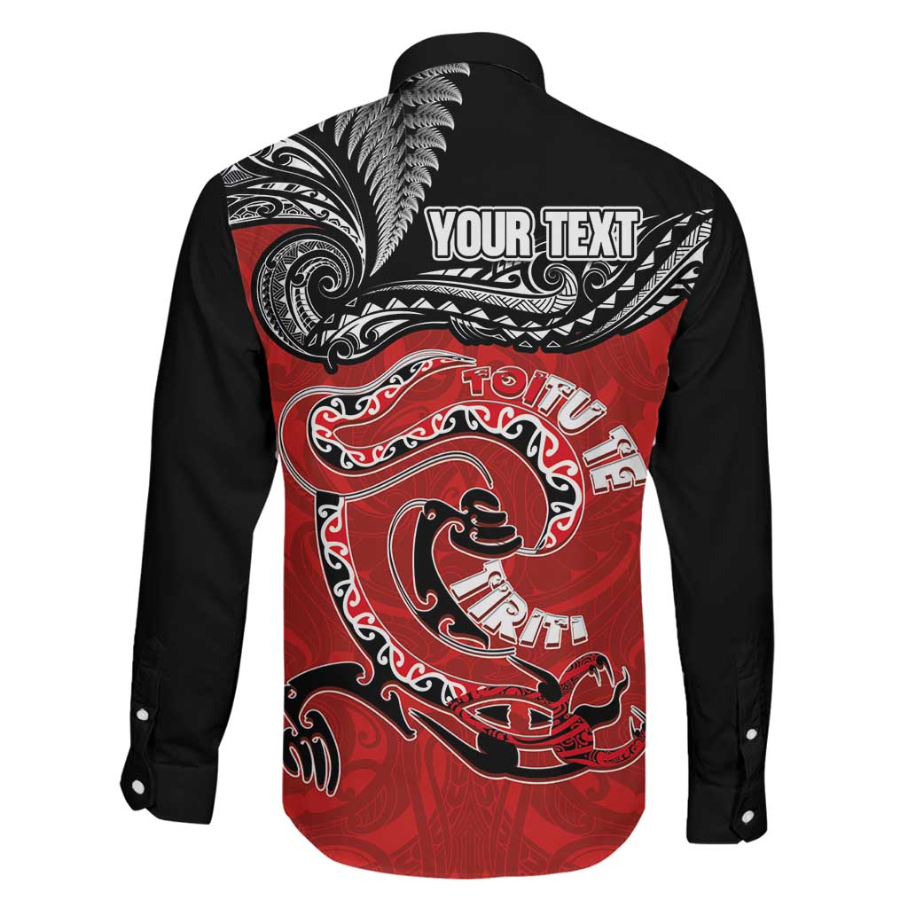 Personalised Aotearoa Toitu Te Tiriti Family Matching Off The Shoulder Long Sleeve Dress and Hawaiian Shirt Taniwha Tribal Motifs LT03 - Polynesian Pride