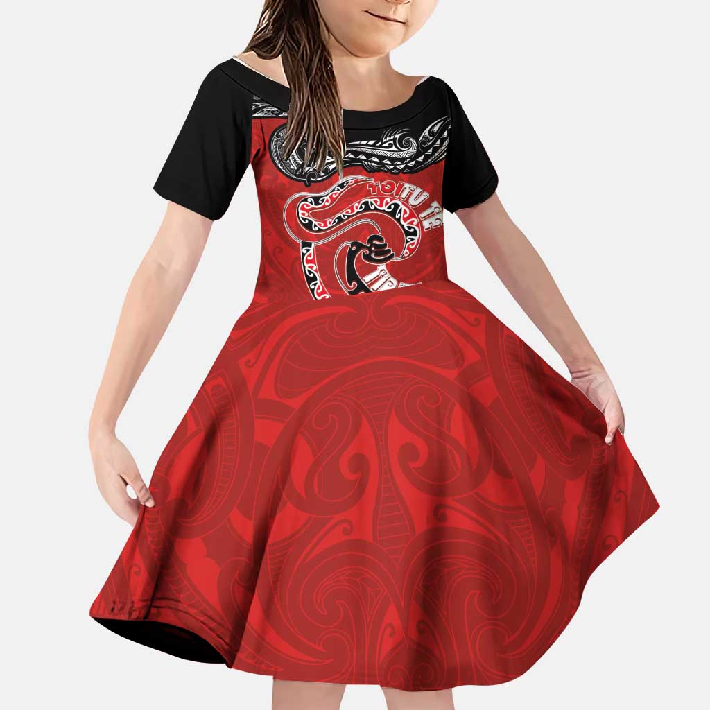 Personalised Aotearoa Toitu Te Tiriti Family Matching Off Shoulder Maxi Dress and Hawaiian Shirt Taniwha Tribal Motifs LT03 Daughter's Dress Multicolor - Polynesian Pride