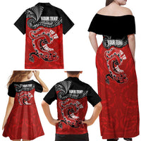 Personalised Aotearoa Toitu Te Tiriti Family Matching Off Shoulder Maxi Dress and Hawaiian Shirt Taniwha Tribal Motifs LT03 - Polynesian Pride