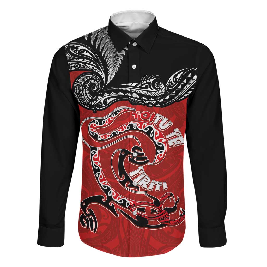 Personalised Aotearoa Toitu Te Tiriti Family Matching Off Shoulder Maxi Dress and Hawaiian Shirt Taniwha Tribal Motifs LT03 Dad's Shirt - Long Sleeve Multicolor - Polynesian Pride