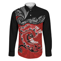 Personalised Aotearoa Toitu Te Tiriti Family Matching Off Shoulder Maxi Dress and Hawaiian Shirt Taniwha Tribal Motifs LT03 Dad's Shirt - Long Sleeve Multicolor - Polynesian Pride