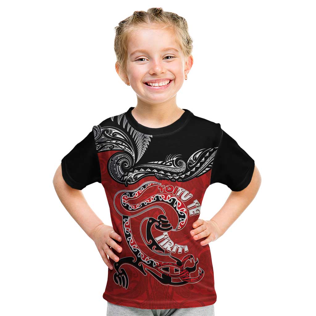 Personalised Aotearoa Toitu Te Tiriti Kid T Shirt Taniwha Tribal Motifs