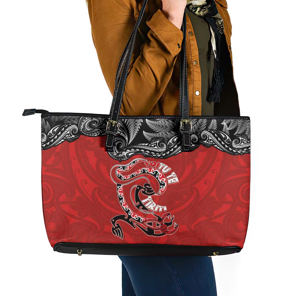 Aotearoa Toitu Te Tiriti Leather Tote Bag Taniwha Tribal Motifs