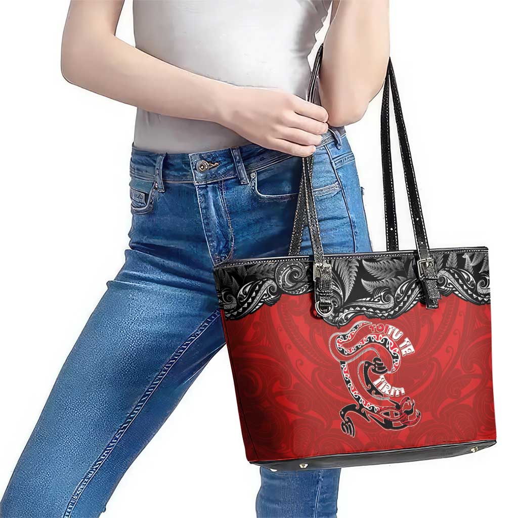 Aotearoa Toitu Te Tiriti Leather Tote Bag Taniwha Tribal Motifs